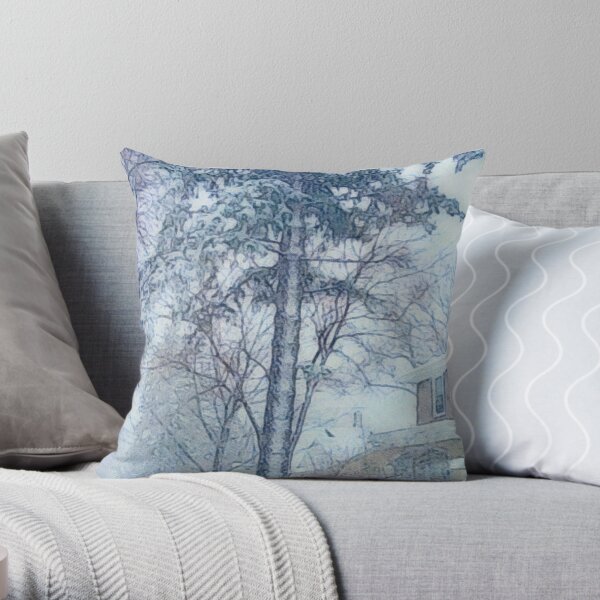 Snowfall with Evergreen and a Little Brick House painting Throw Pillow RB0301 product Offical jinjer Merch